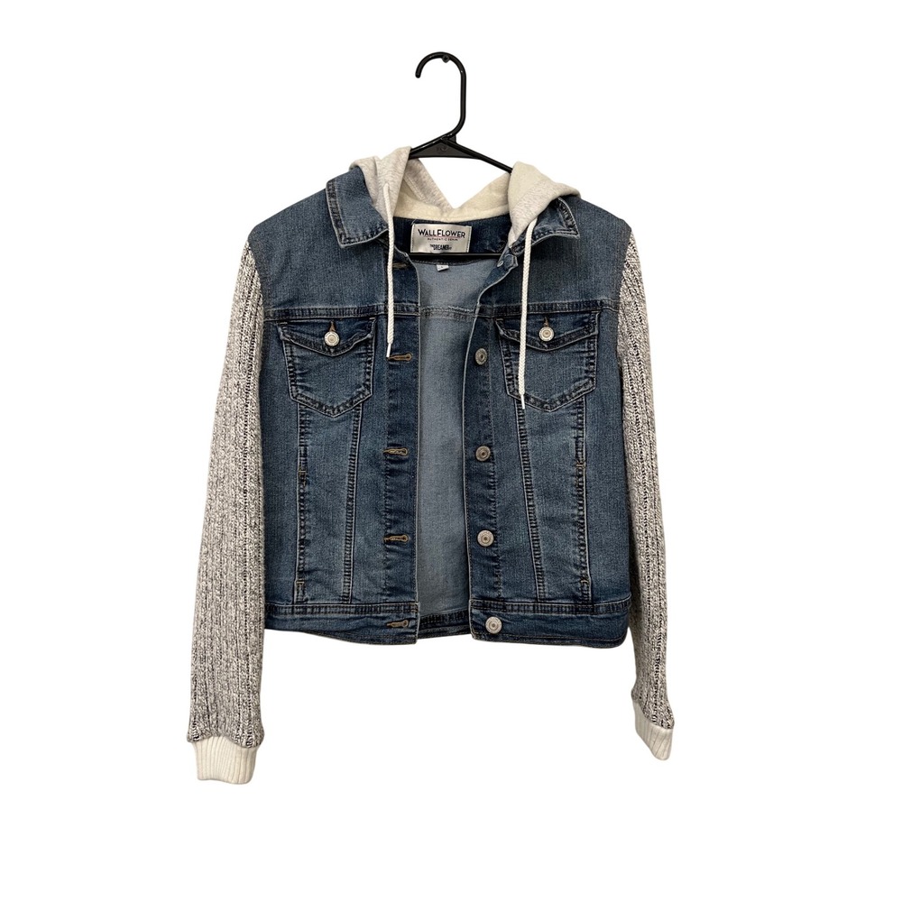 Juniors WallFlower Denim Hoodie Jacket with Knit Sleeves |‎ Size L